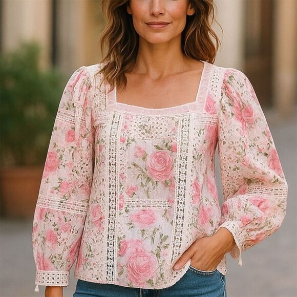 LoveShackFancy Romantic Eyelet Pink White Floral Square Neck Blouse Sleeve
